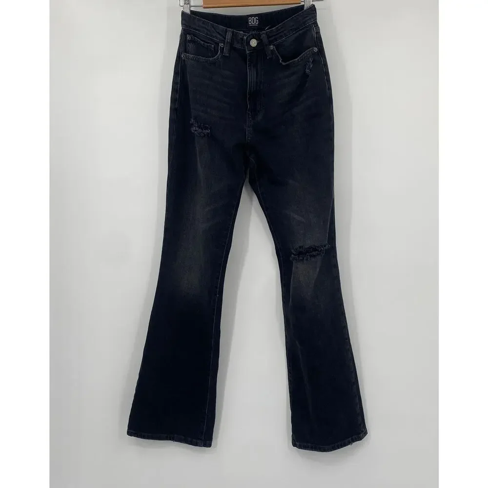 Urban Outfitters BDG Jeans Stretch High Rise Flare Leg Distressed Denim Black 26